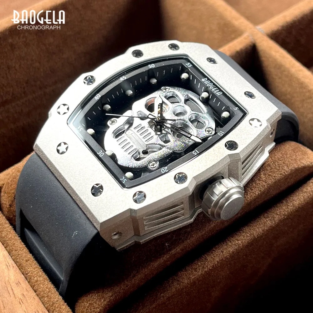 BAOGELA-メンズミリタリースポーツウォッチ シルバーブラックシリコン腕時計 スケルトン発光ダイヤル 4141