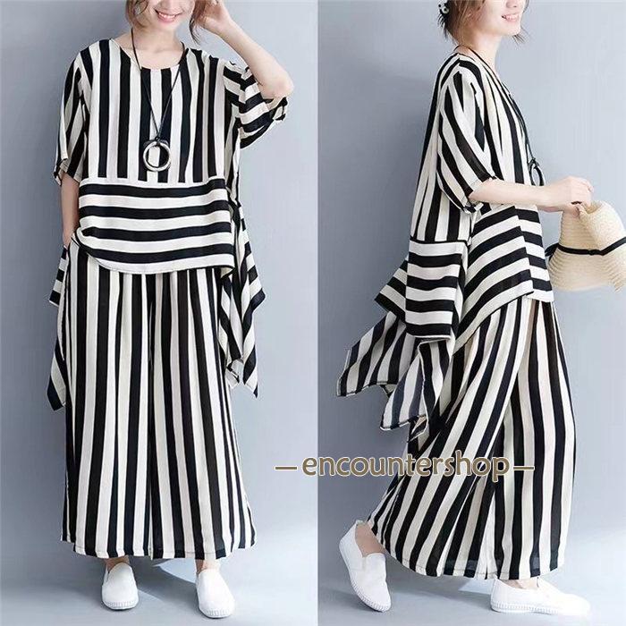 セットアップ レディース カジュアル 夏 40代 きれいめ 大きいサイズ ブラウス 半袖 不規則 ガウチョパンツ ウェストゴム 通勤 オシャレ 大人 上品 着痩せ 新品