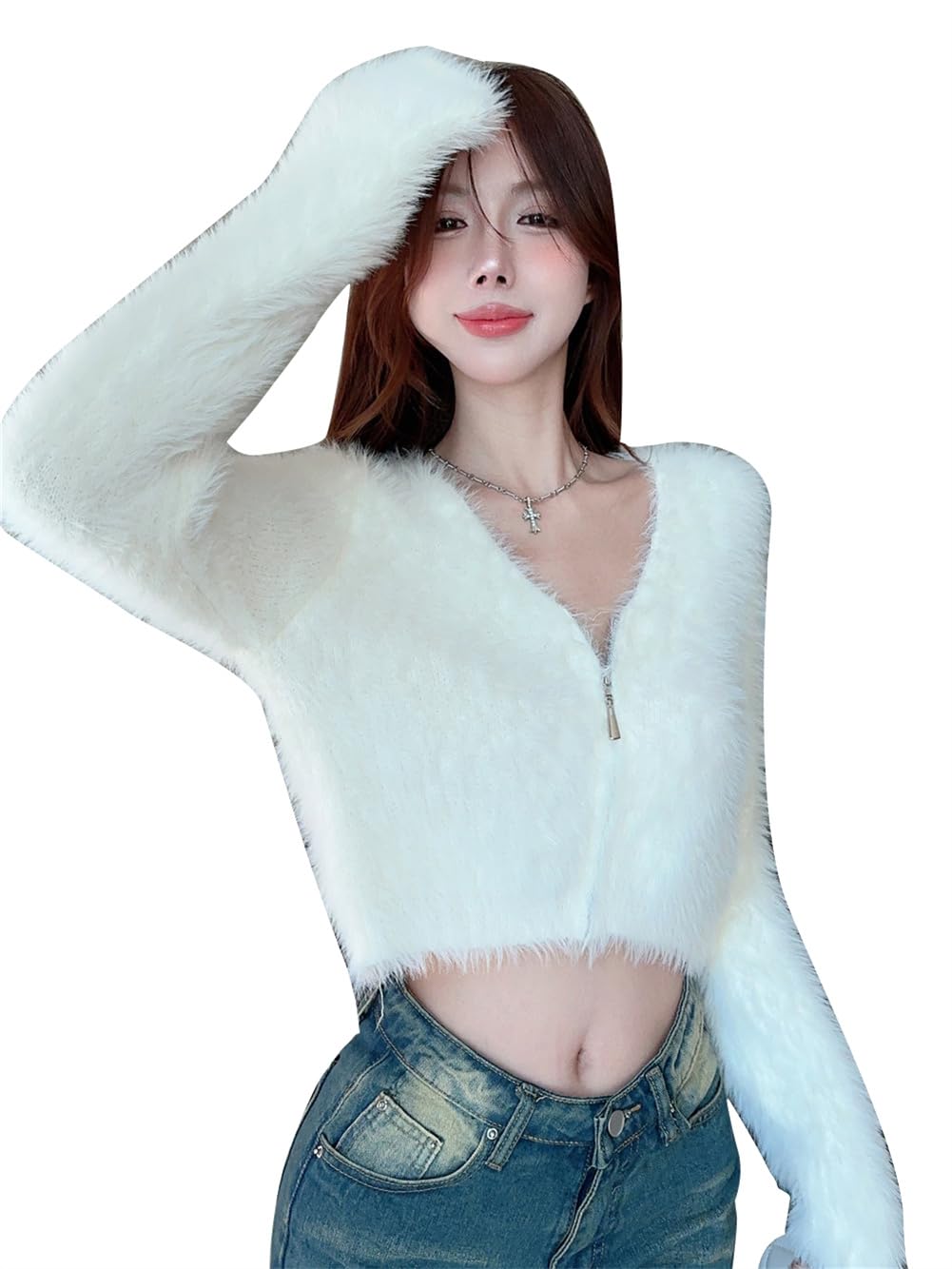 カーディガン 長袖 ニットセーター レディース 無地 vネック ストリート系 韓国ファッション お洒落 ショート丈 可愛い 着瘦せ春 秋 前開き 前ジップ