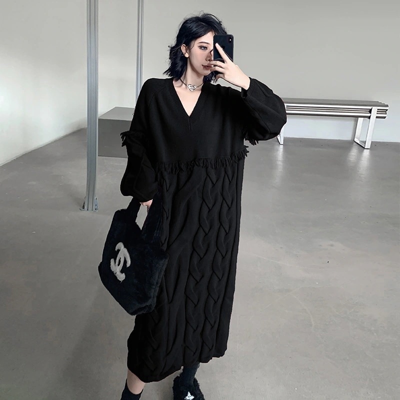 ヨーロッパ駅洋気vネック麻花編みセータースカート女性秋冬厚ロングワンピース 大きいサイズ ニットワンピース