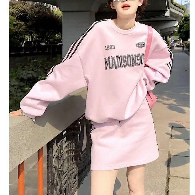 ハイエンドのカスタマイズ-初秋のおしゃれ＆甘めスタイルが揃うピンクのラウンドネックレタードトレーナースカート女子学生2点セット 5,963円