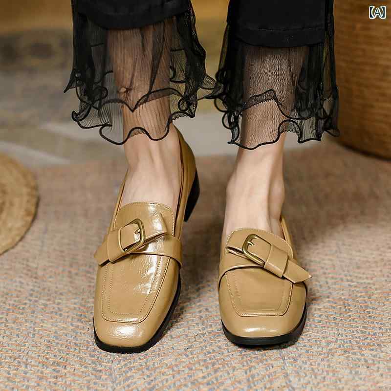 ローファー レディース オフィス 通勤 仕事 春秋 革 スクエアトゥ 女性 英国 深口 シングル シューズ 女性 ミディアム ヒール 太い ヒール ソフト ソール