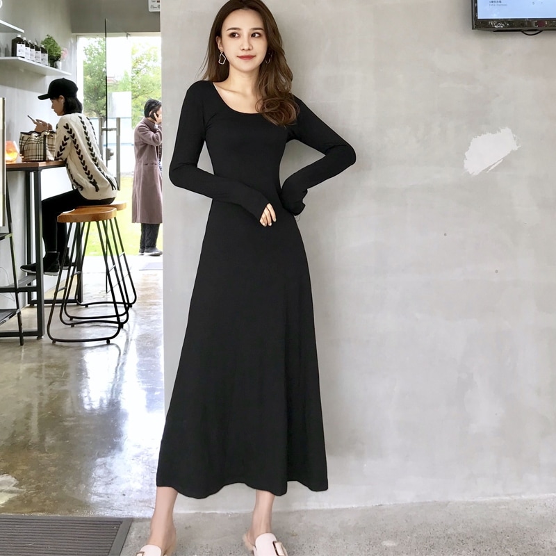 ワンピース ロング丈 袖あり 長袖 Uネック スリム タイト Aライン 裾 フレア ブラック ベージュ ブラウン 個性的 無地 春 秋 冬 デート 普段使い レディース 女性用 10代 20代