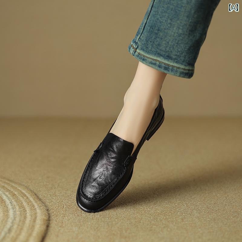 ローファー レディース 通勤 通学 オフィス 学生 レトロ シープスキン ソフトレザー フラット シューズ 女性 ローヒール カレッジ 英国 スタイル 革 ラウンドトゥ 快適 小さい 革靴