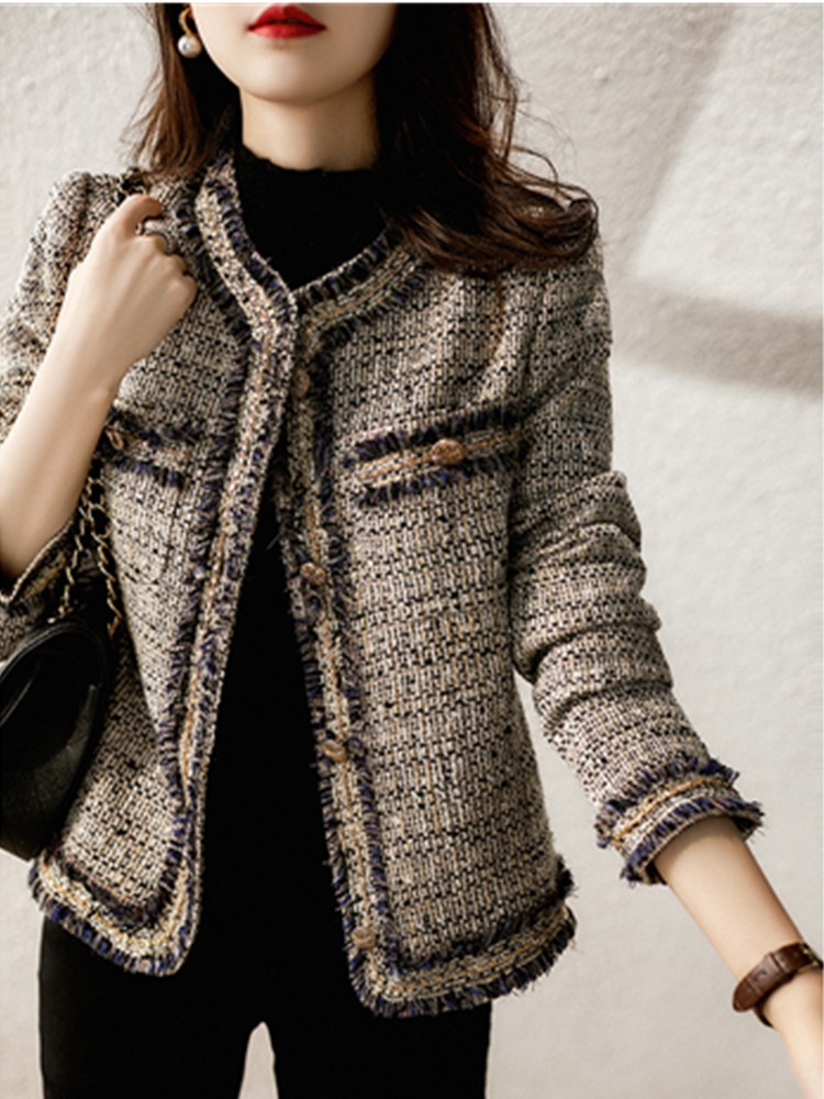 ツイードジャケット レディース 長袖ノーカラージャケット ショット丈ツイードコート 春コートアウター