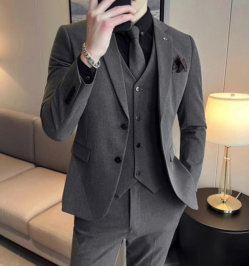ビジネススーツ メンズ 韓国風 結婚式スーツ スーツセット 3ピーススーツ スリム カジュアルスーツ 3点セット ジャケット+ベスト+パンツ シングルスーツ 入学式 卒業式 入社 通勤 披露宴 スリー