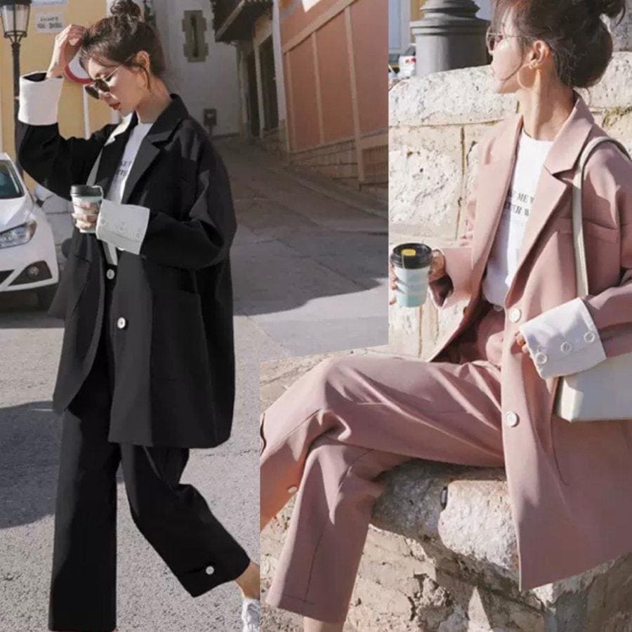 レディースファッション セットアップ レディース パンツ 上下セット ジャケット スーツ ファッショナブル ニュアンス 淡い ピンク ブラック 黒 きれいめ