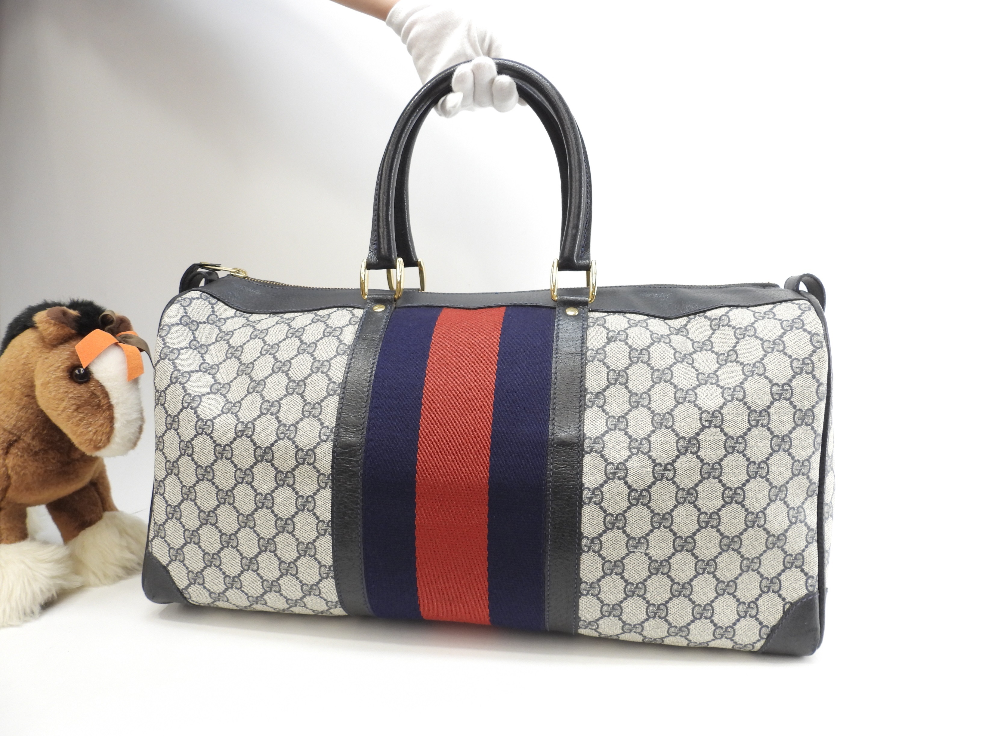 ボストンバッグ GGオールド灰 ウェブ紺赤 旅行用かばん ヴィンテージ@39