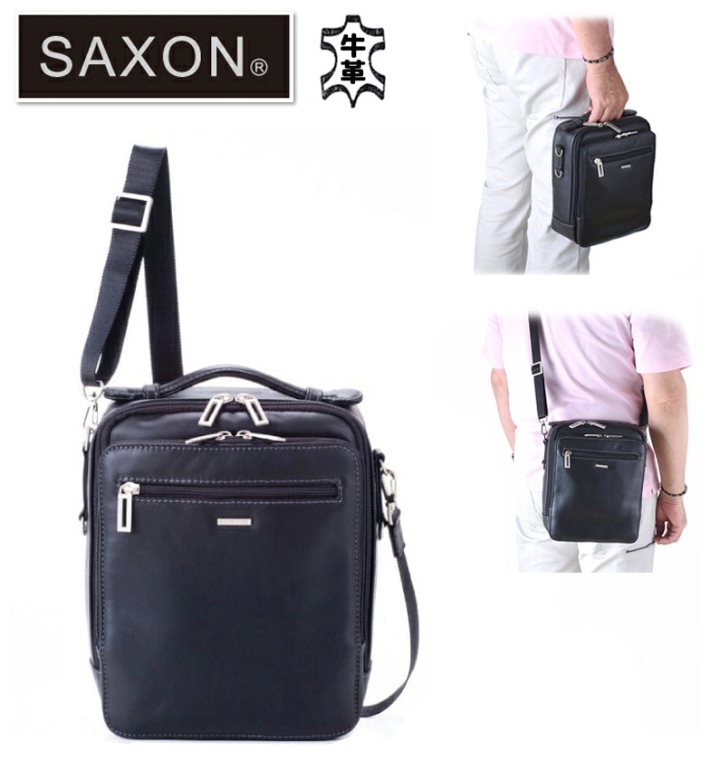 ショルダーバッグ 牛革 リアルレザー 肩掛け 斜め掛け 持ち手付き 縦型 鞄 メンズ ブランド SAXON サクソン 5046 本革 クロ お散歩 冠婚葬祭 旅行 外出