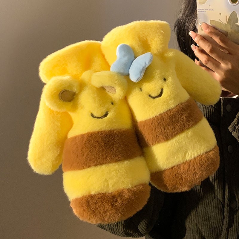 かわいいハニーベア イエロー ぬいぐるみ 手袋 リボン付き 女性用 2024年秋冬 暖かくて万能な防風ライディング