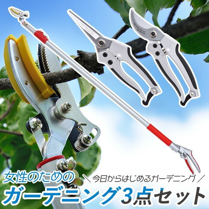 レディース園芸3点セット 3段伸縮式高枝切鋏 芽切鋏 中 剪定鋏 中 高枝切りバサミ 超軽量 伸縮 8,005円