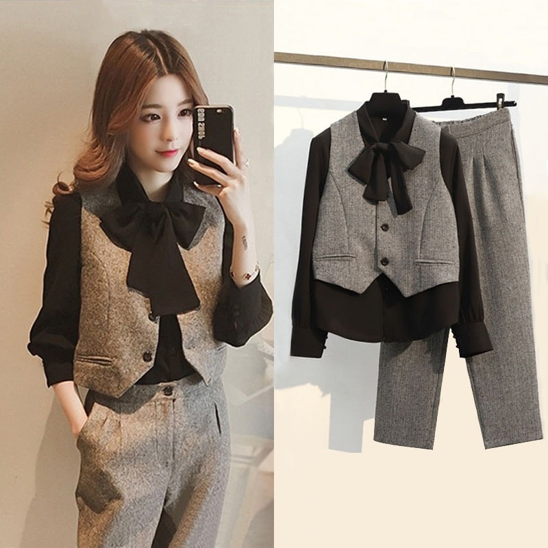 可愛い リボンタイ付 モードスタイル ３点セット スリーピース 着回し セットアップ ブラウス トップス アンクル丈 長袖 ボリューム袖 ストレート リボン かわいい きれいめ 上品 おしゃれ