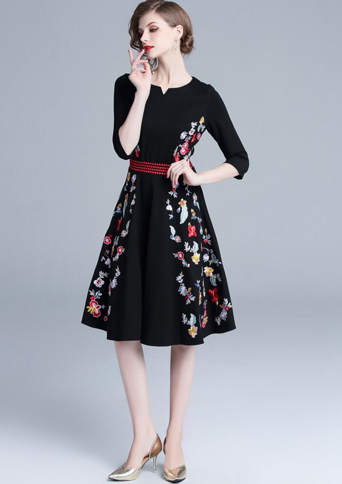 【送料無料】ドレス 大人 体型カバー Aライン ブレア ミモレ丈 五分袖 パーティドレス 結婚式ドレス ワンピース