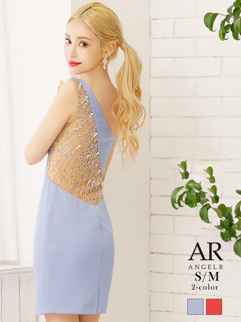 ワンショルダー バックシャン 谷間 セクシー スパンコール ワンカラー 高級 エンジェルアール ミニ キャバクラ AngelRドレス エンジェルアール