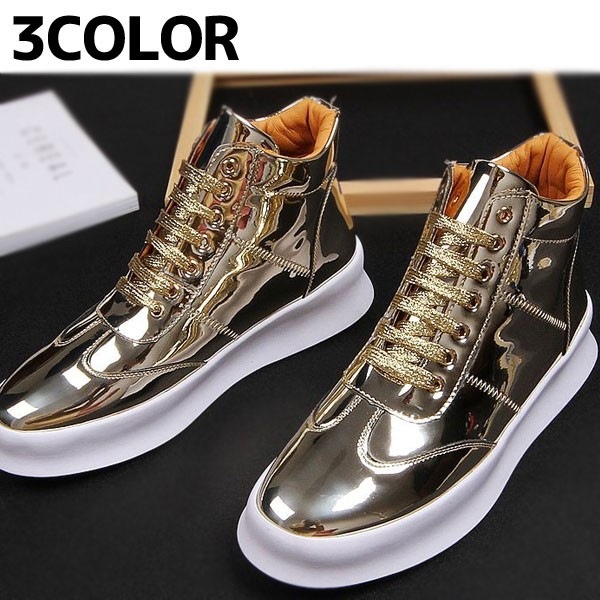 ハイカット メンズ スニーカー ゴールド レッド ブラック メタリック レースアップ ダンス 派手 シークレット ヒールアップ 6cm 身長UP
