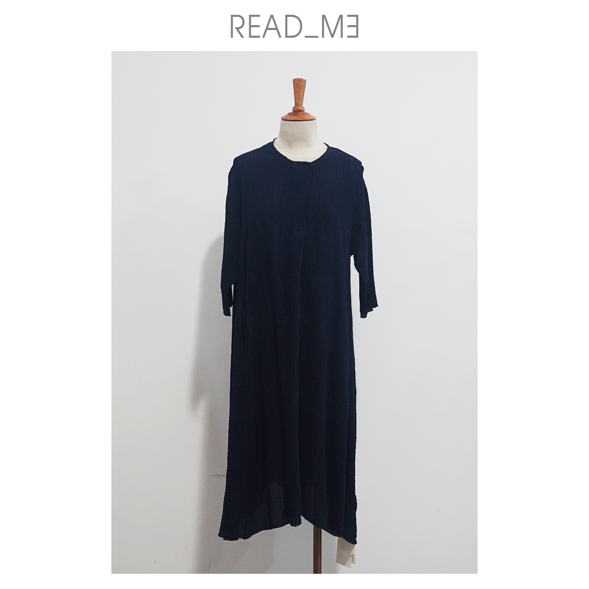 READ_ME 100% 桑絹シルク 水紋プリーツワンピース T20807288 ～灰藍に揺れる水面の詩～