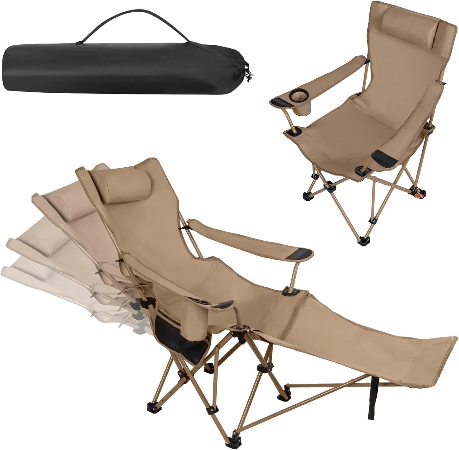 リクライニング式キャンプチェア 4段階調整 枕付き 耐荷重160kg コンパクト収納袋付き