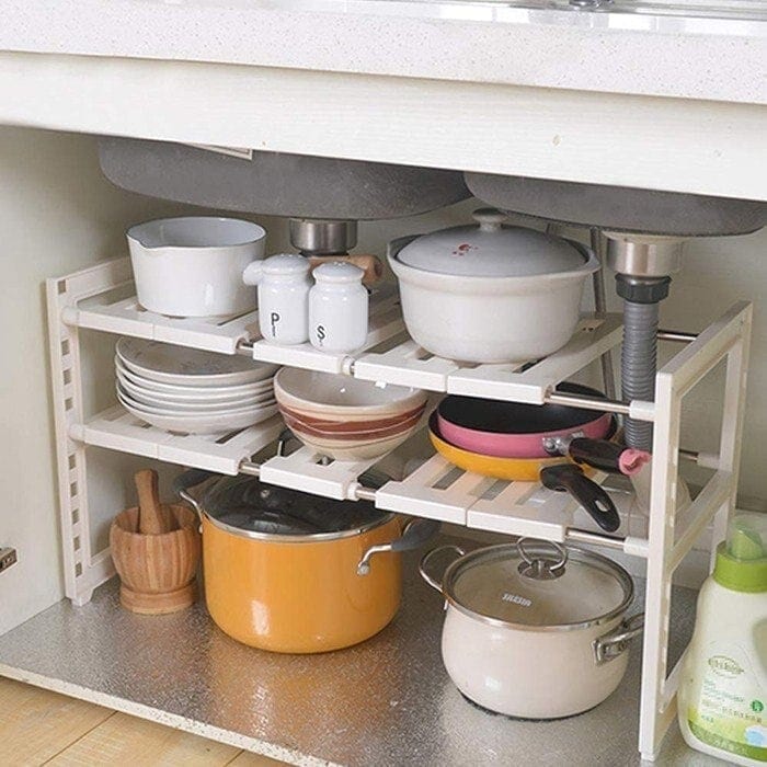 1つ買うと10個無料シンク下伸縮棚 台所収納 すきま収納 収納2段 洗面ラック フリーラック伸縮タイプ組立式 ホワイト2