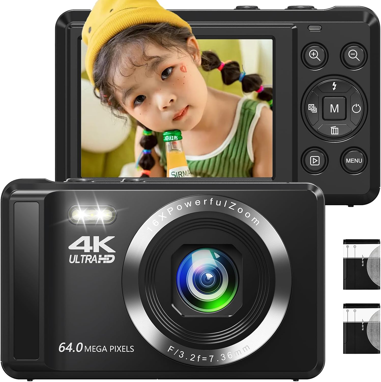 デジカメ 4K 6400万画素 デジタルカメラ AFオートフォーカス 16Xデジタルズーム ウェブカメラ 2.8インチ IPS スクリーン YouTubeカメラ 初心者向け 笑顔検出 誕生日 VLOG