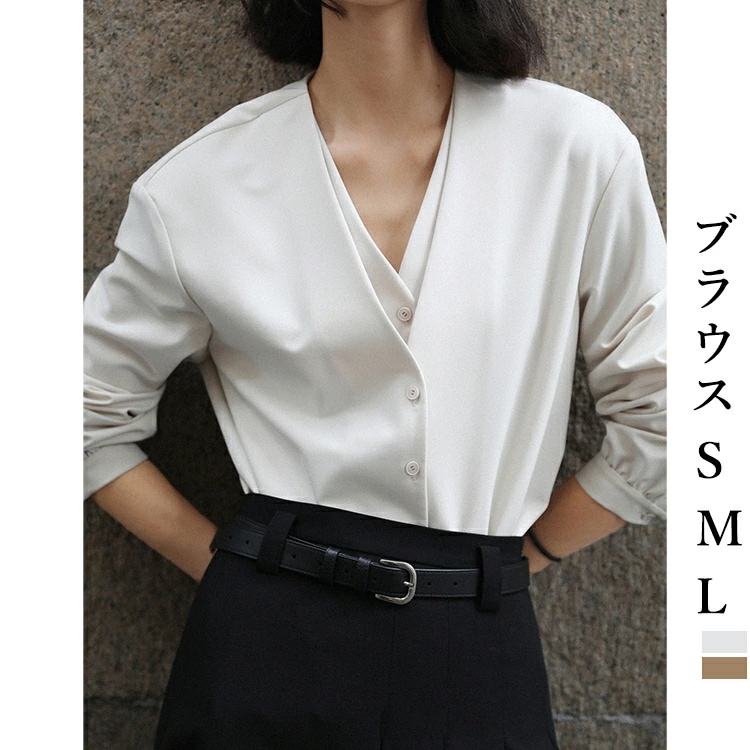 重ねたVネックデザインブラウス ブラウス 長袖 春 レディース トップス シャツ Vネック フェミニン オフィスカジュアル S M L お呼ばれ おしゃれ きれいめ オフィス 通勤 OL ママ 七五三