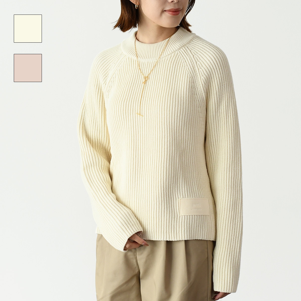 AMI ALEXANDRE MATTIUSSI アミパリス ニットトップス AMIラベル セーター FKS024 KN0031 レディース IVORY アイボリー NUDE PINK ヌードピンク シ