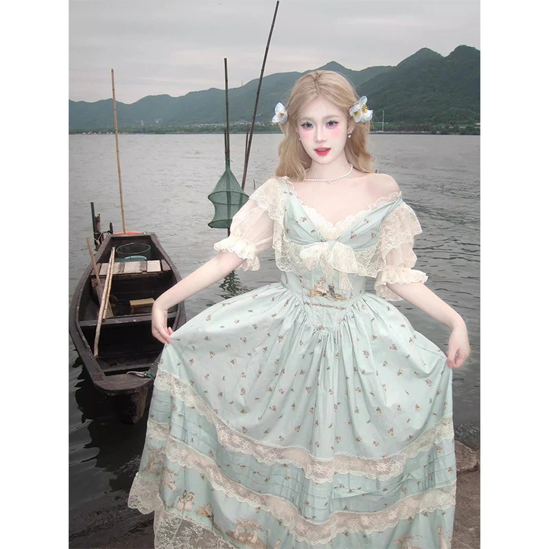 牧歌的な甘い森のレースステッチが絶妙な妖精の優しいワンピースレディース夏ロリータロリータ