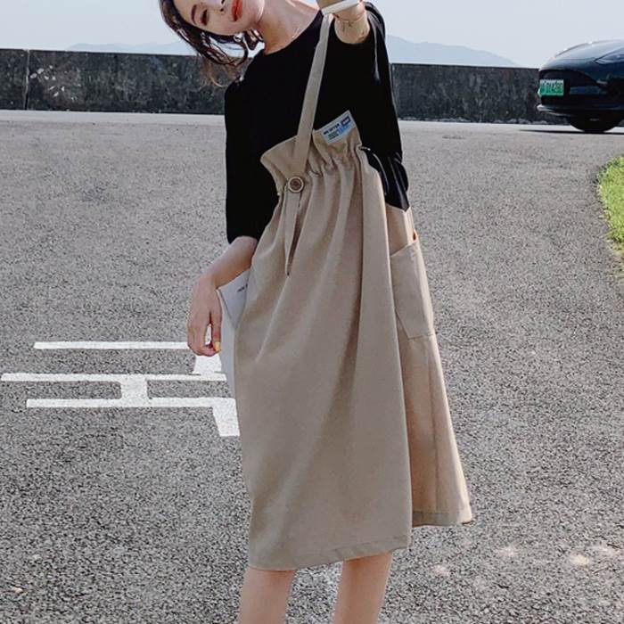 売れ 2色 Tシャツワンピース 膝丈 ミモレ丈 ドッキング ワンピース 重ね着風 無地 半袖 ワンピ 個性的 カジュアル 大人可愛い かっこいい 茶 緑 アシンメトリー 夏 ワンピ ベージュ カーキー
