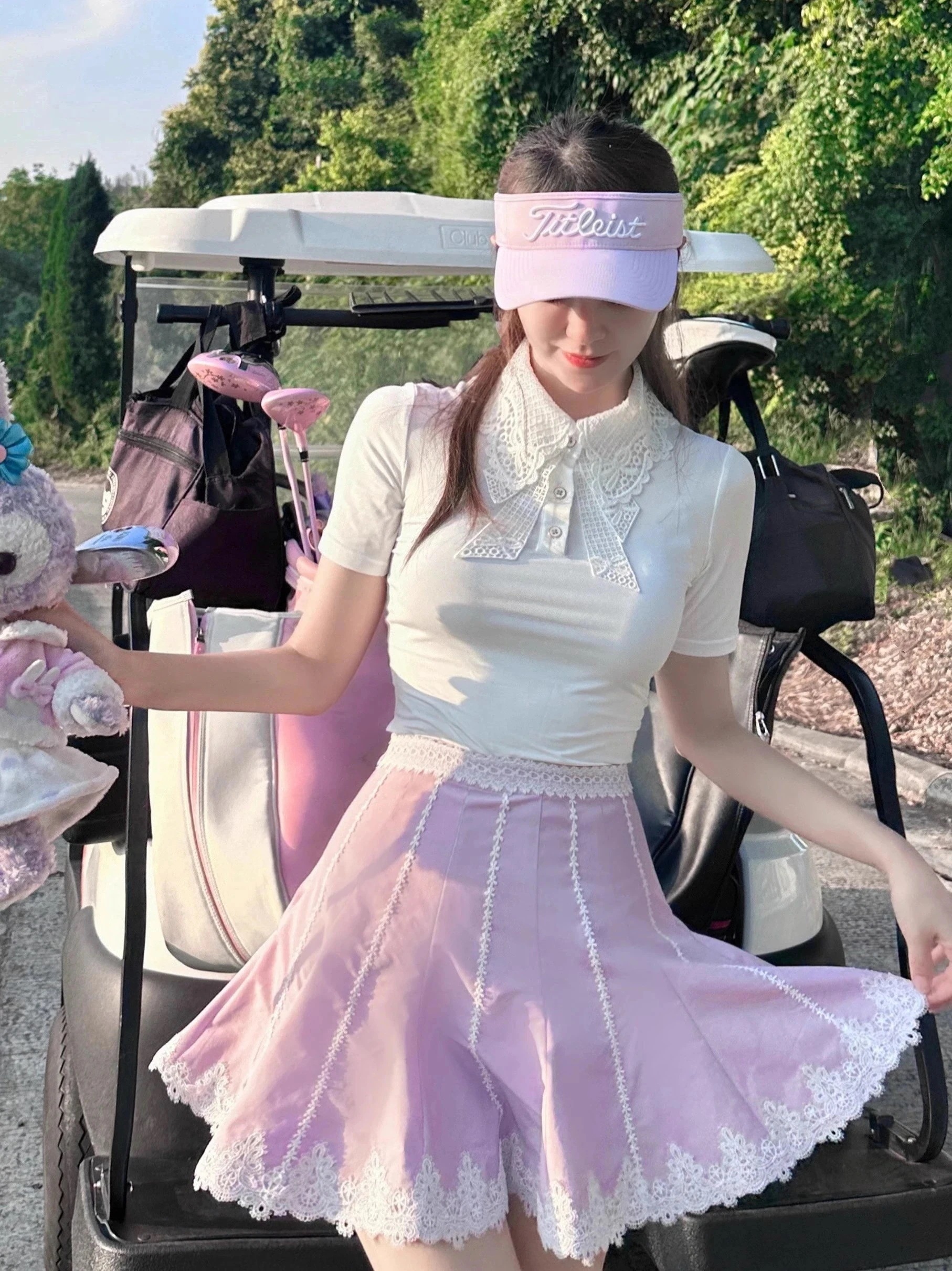 メガ割ゴルフウェア 25 上下セット 半袖 Tシャツ ミニスカート レース めっちゃ可愛い 速乾 通気 痩せる レディース 韓国風 ゴルフスカート スポーツ テニスウェア 白 紫312
