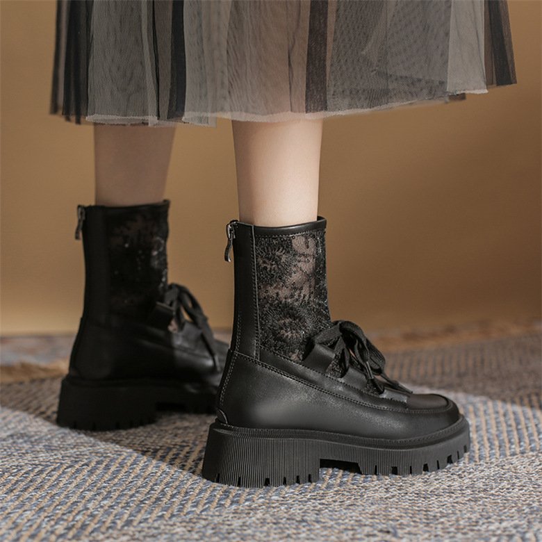 レディース ショートブーツ ブーティー 本革 チュール 太めヒール オリジナル オシャレ 春夏 女子
