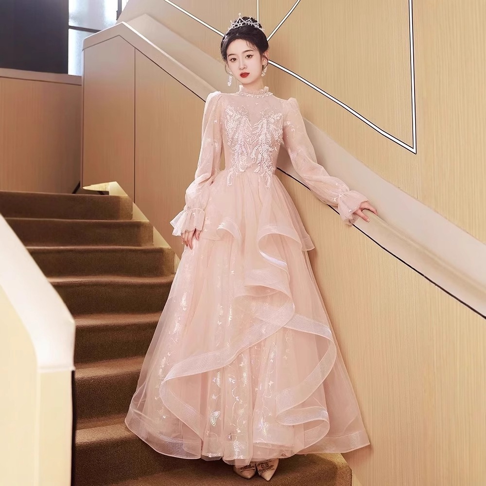 【送.料.無.料.急速発送】ピンクのロマンチックな長袖優雅な修身服ドレス 演奏会 ウェディング 発表会 成人式 二次会 お呼ばれ