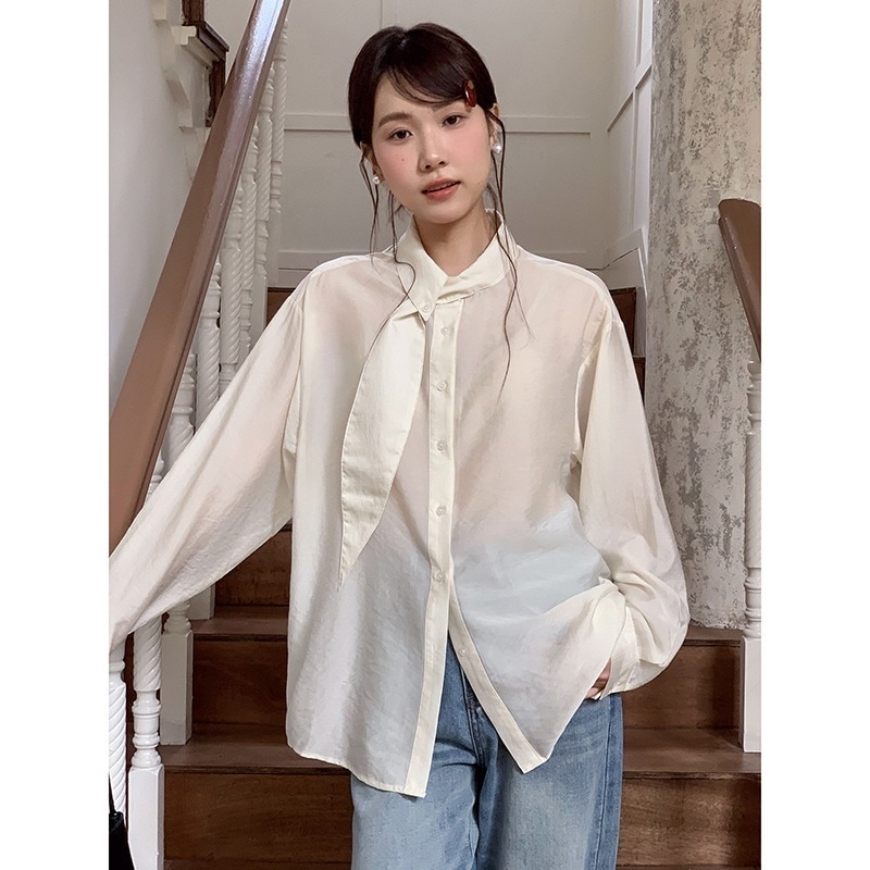 【送.料.無.料.急速発送】レトロプリーツリボン襟長袖シャツ