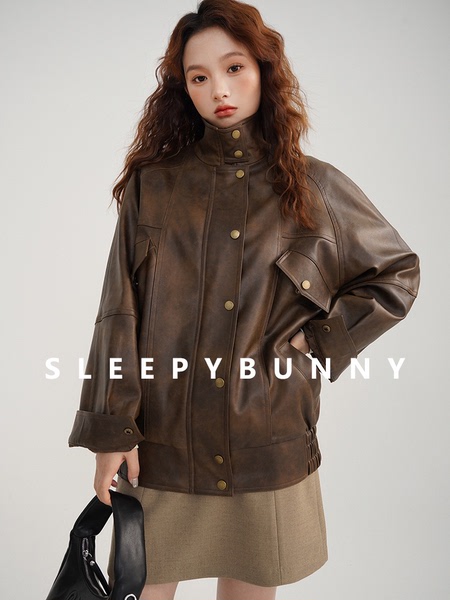 Sleepy Rabbit ブラウン ダメージ加工 ルーズ レトロ スリム レザー ジャケット 5,047円