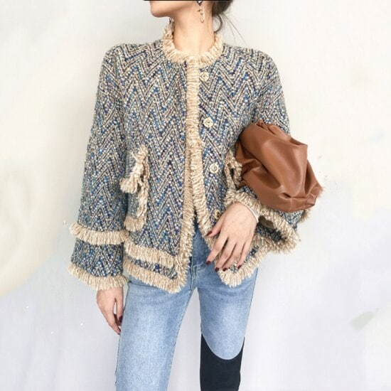 【取寄：納期2週間】ツイードジャケット フリンジ ブレザー おしゃれ レディース 韓国 ファッション ノーカラ― ツイード ジャケット カジュアルジャケット マルチカラー ミックスカラー ブルー