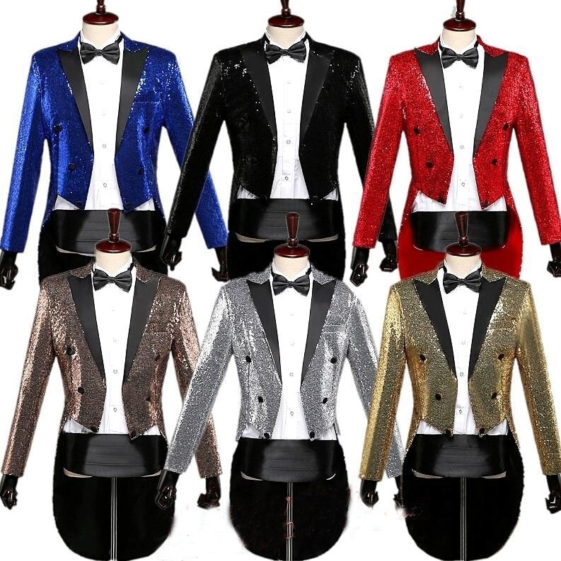 当日発送 男性用スパンコールスーツジャケット　結婚式披露宴スパンコール光沢タキ　ジャズダンス衣装　スタ舞台ステージウエア　イベントパーティ司会者　魔術師愛用　蝶ネクタイあり