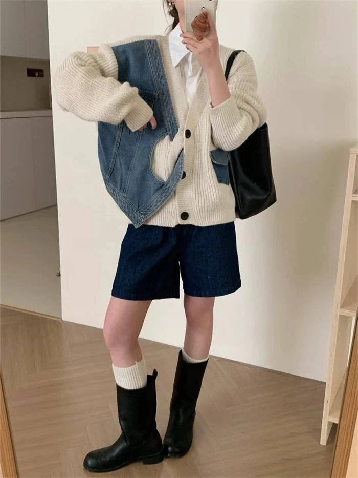 秋冬 ニットカーディガン レディース ゆったり 長袖 春 切り替え ニット トップス デニム カーディガン 秋 ニットカーディガン 異素材 カジュアル おしゃれ アシンメトリー シャツブラウス 配色ト