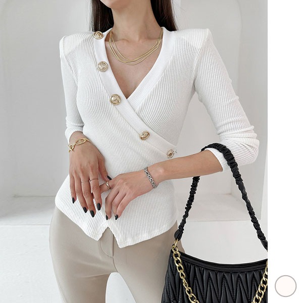 トップス レディース ニット 長袖 ラップ カシュクール Vネック 金ボタン カジュアル おしゃれ きれいめ 春 秋 韓国 to27816
