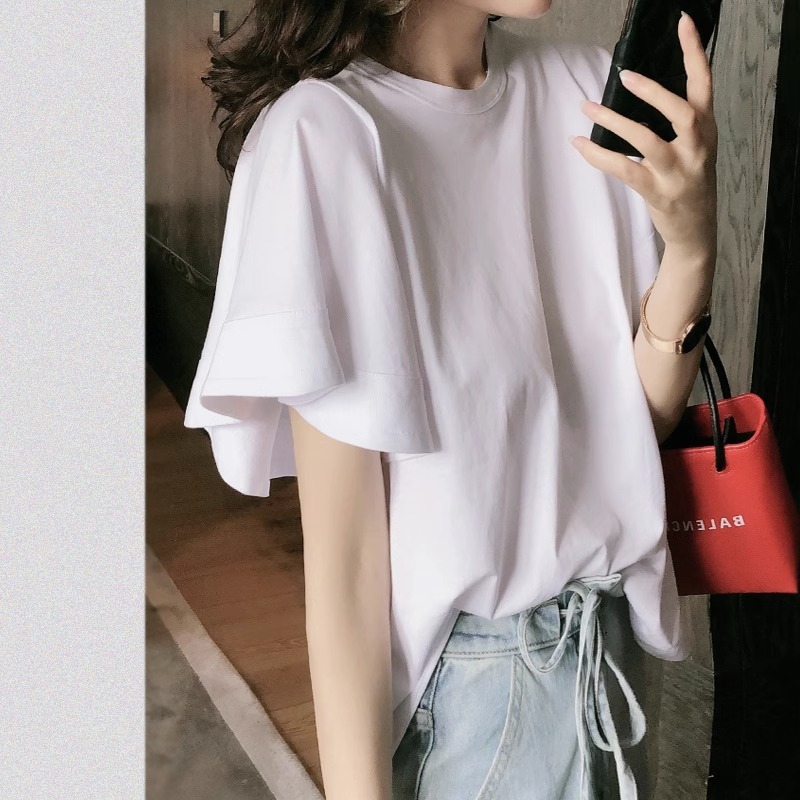 トップス レディース Tシャツ カットソー S M L XL 韓国 シャツ 半袖 フレアスリーブ ラウンドネック かわいい 大人可愛い きれいめ シンプル カジュアル エレガント フェミニン おしゃれ