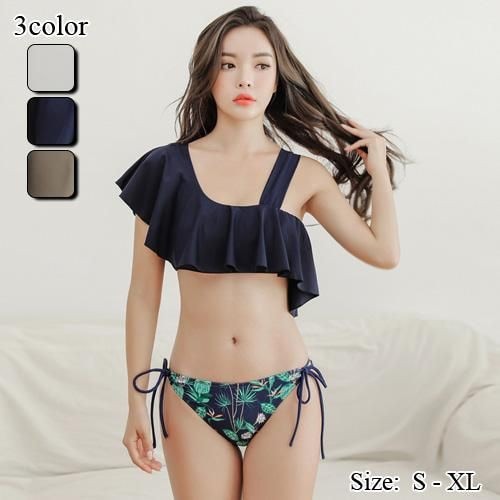 【グラシア】 水着 ビキニ レディース ビーチウェア スイムウェア 流行 海 プール アシンメトリー フリル ファッショナブル ボリューミー ホワイト ネイビー カーキ S M L ビキニ