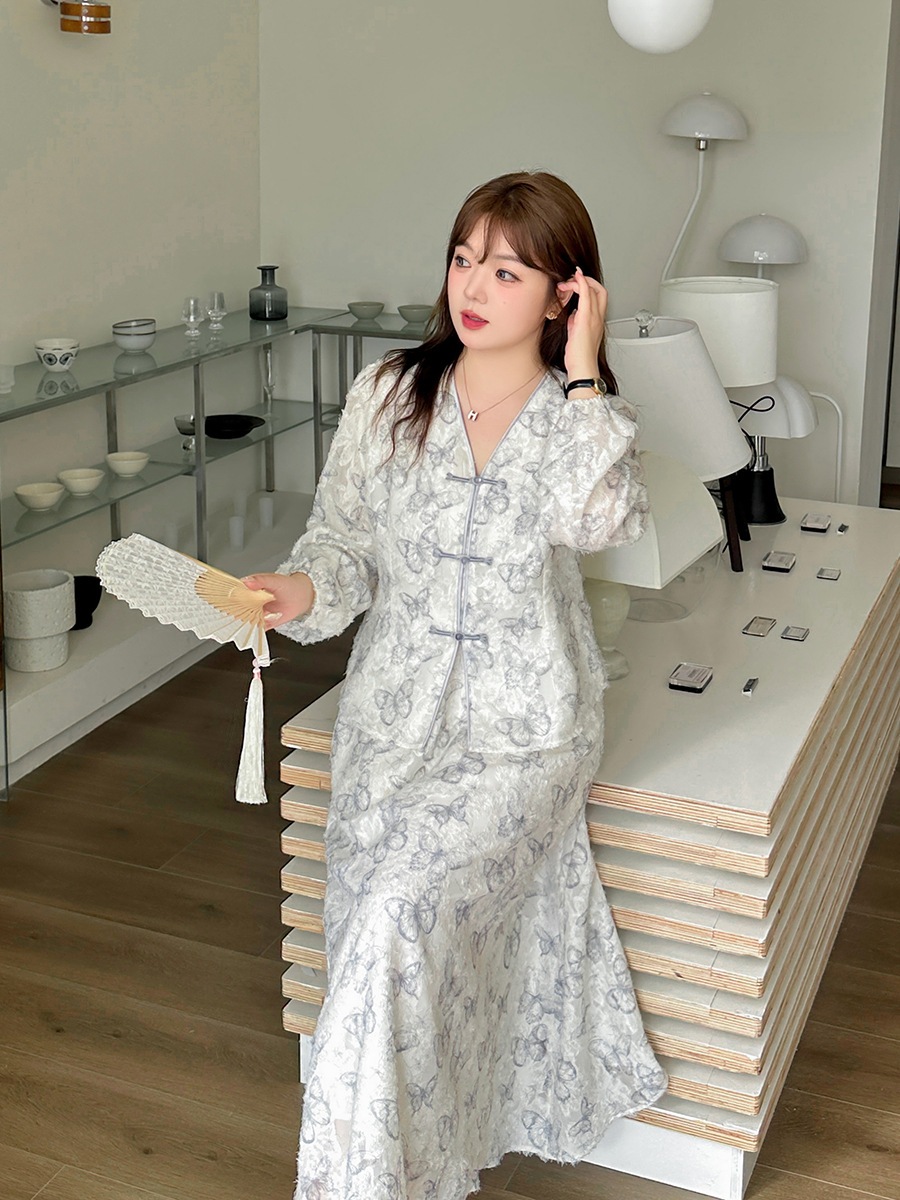【ぽちゃまに】 夏 上下セット ブラウス＋スカート 大きいサイズ 中華風 体型カバー Ｖネック チャイナ レディース セットアップ メガ割