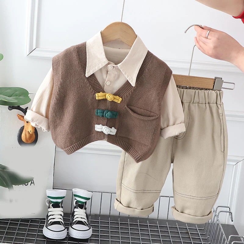 ハンサム 男の子スーツ 英伦風 ニットベスト+長袖シャツ+カジュアルパンツ 3点セット キッズ 上下セット 子供服 セットアップ