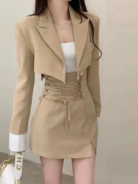 新作入荷 制服スーツワンピース通勤デートつづりブレザーハーフスカート2点セット 脚魅せミニスカート 涼しく楽ちんセットアップ ブレザー コスプレ女子高生