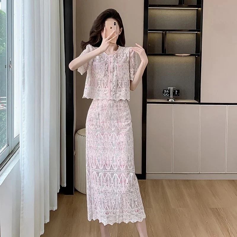 セットアップ 2点セット 2025夏の新作韓国版ファッション甘さ減齢気質レース刺繍洋風ロングスカート韓国 夏 ルームウェア レディース スカート