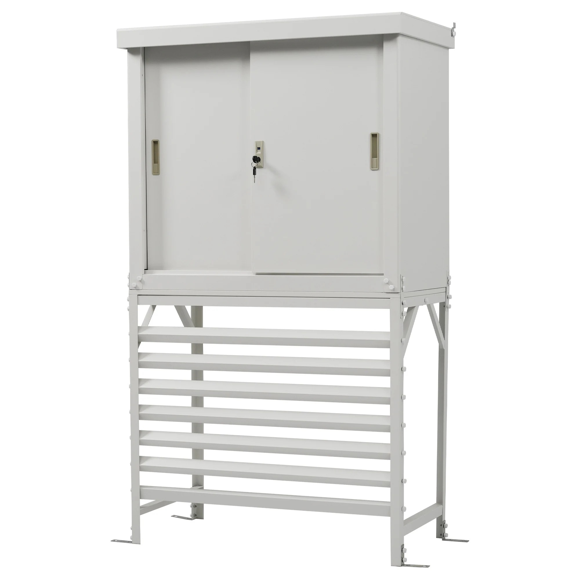 エアコン室外機カバー 収納庫 収納庫は分けて使える＆セットでも使用可能な2-in-1 防錆・防風・防盗に強い！ 鍵付き 日よけ 棚 収納 室外機カバー ワイド 目隠し ベランダ 庭 屋外 雪 除け