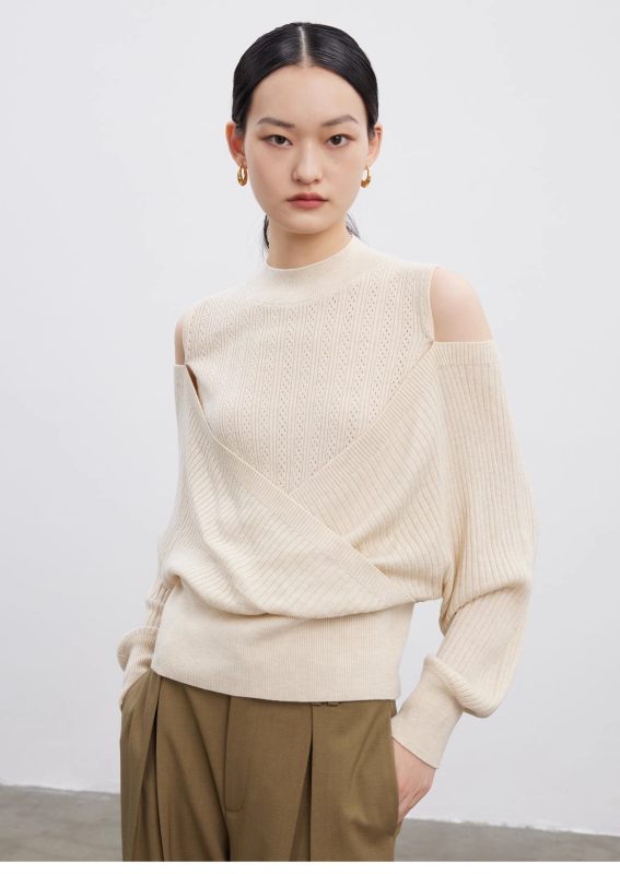 洗える リブニット パフスリーブ セーター プルオーバー 秋 レディース ファッション セーター 長袖 ゆるニット 肩出し ニットセーター 体型カバー ボリュームスリーブ エレガント プルオーバー シ