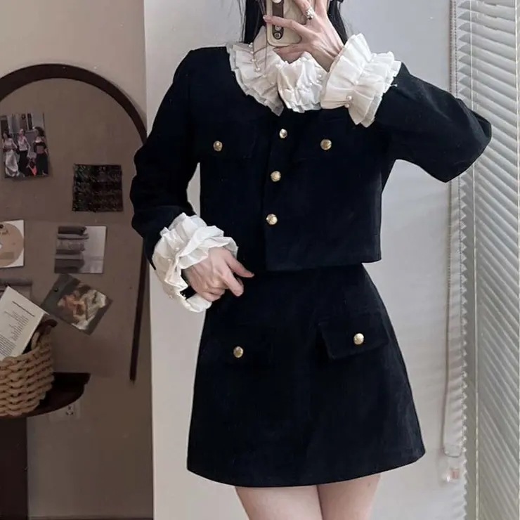 【SHOPLIST限定】女性らしい魅力を引き立て!袖口プリーツダッフルコート+スカート２点セットアップ
