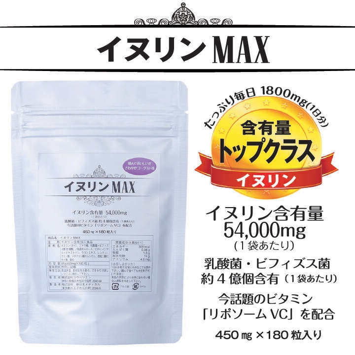 イヌリン 54000mg サプリ 乳酸菌 ビフィズス菌 食物繊維 リポソームビタミンC チュアブル タブレット 180粒(30日分)4袋セット 120日分 (送料無料)メール便対応
