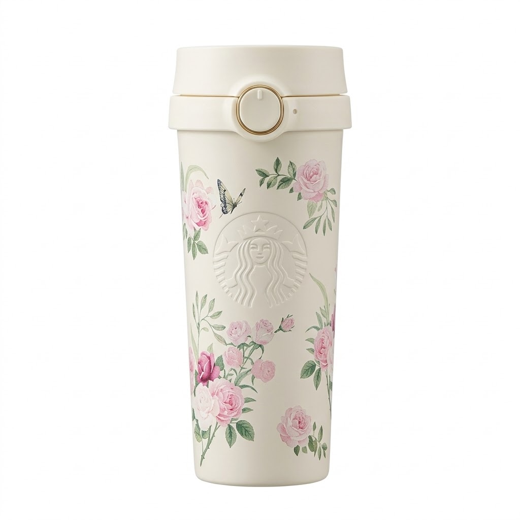 日本未入荷 ステンレスボトル 万花玫境 473ml マグボトル ワンタッチ 蓋付き 真空断熱 保温 保冷 薔薇 ローズ バタフライ おしゃれ タンブラー 水筒 ギフ