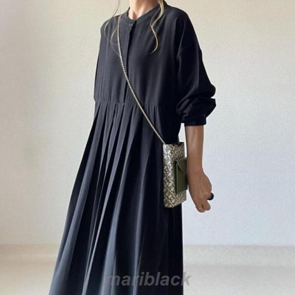 【即納】ワンピース マキシワンピース レディース 長袖 春 秋 無地 シャツワンピース 立ち襟 Aライン フレア ワンピース 大きいサイズ 着痩せ ゆったり 体型カバー