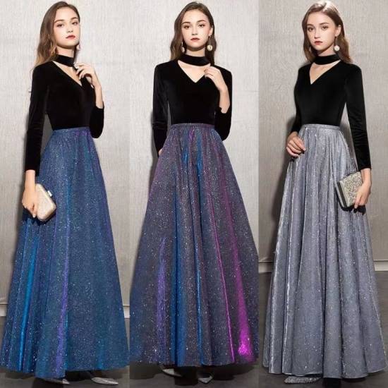 品質保証パーティードレス ロング ドレス 演奏会 結婚式 お呼ばれ 二次会 ロング 長袖 秋 冬 黒 バイカラー ラメ 光沢 フォーマル きれいめ 個性的 20代 30代 40代 安い シンプル