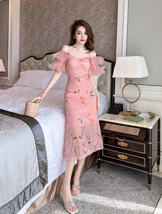 韓国風ワンピース ピンク オフショルダー 花柄ワンピース パーティードレス 花柄 リゾートワンピ 同窓会 きれいめ おしゃれ セクシー リゾートワンピ 上品 エレガント リゾート 謝恩会 春 夏 お嬢